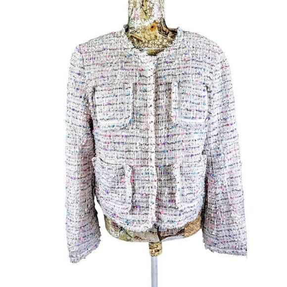 Olivaceous Bumpy Textured Colorful Silver Glittery Frayed Edge Cropped Jacket - Picture 10 of 10